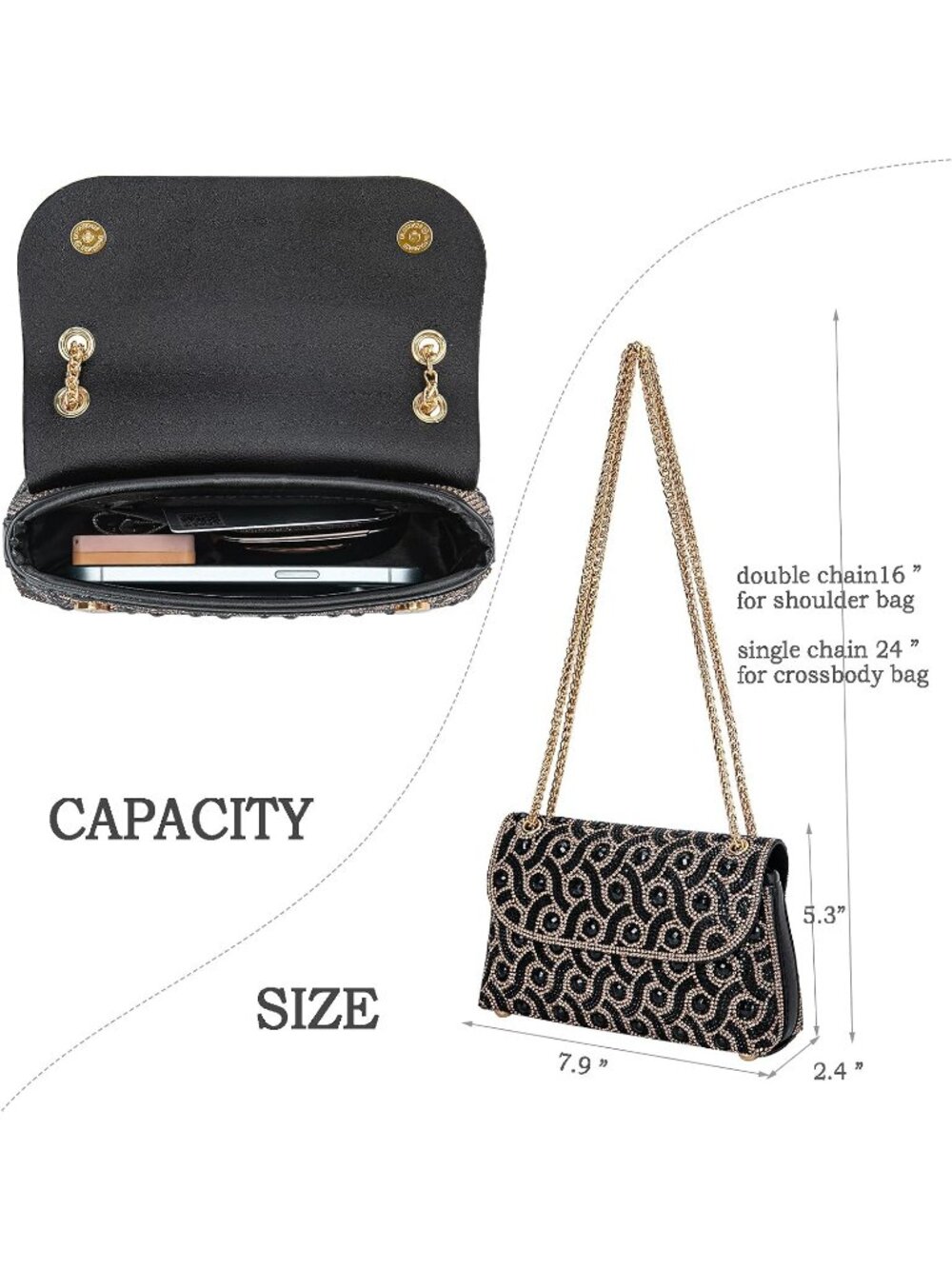 〽️Women's Black Crystals Rhinestone Chain Strap Square Flower Evening Handbags - Picture 5 of 6
